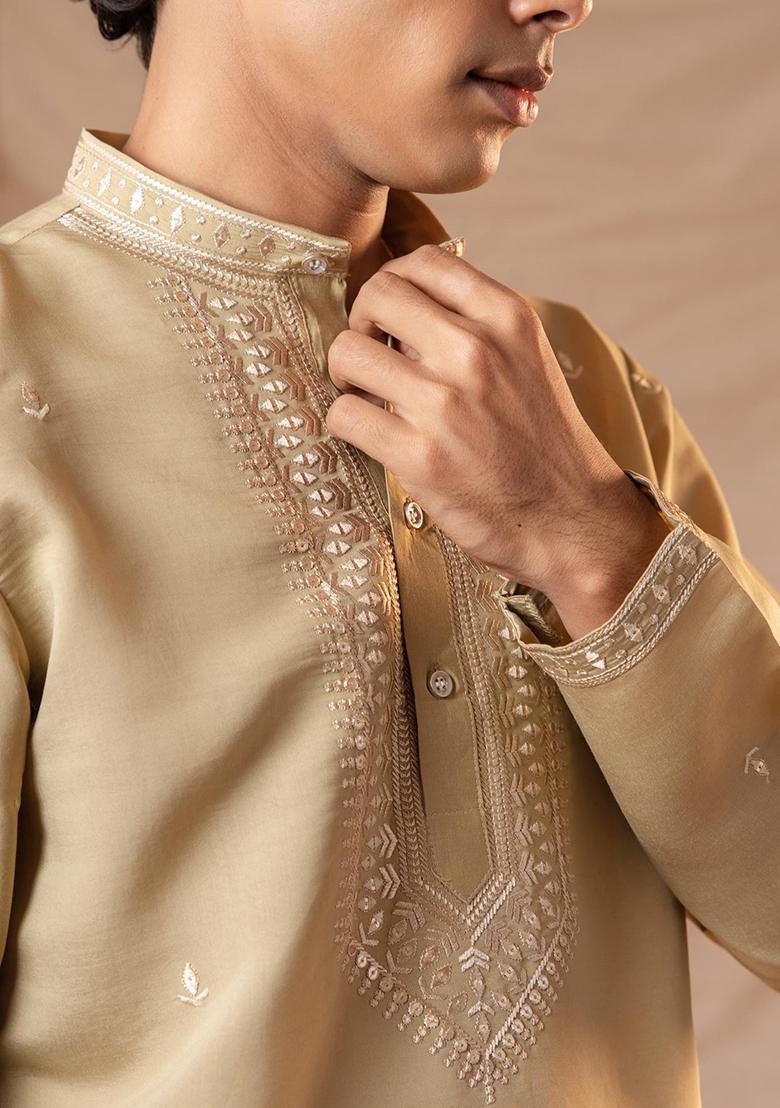 Olive Green Sequin Embroidered Silk Kurta Set For Men
