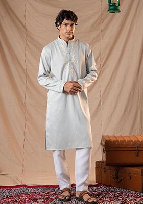 Powder Blue Sequin Embroidered Silk Kurta Set For Men