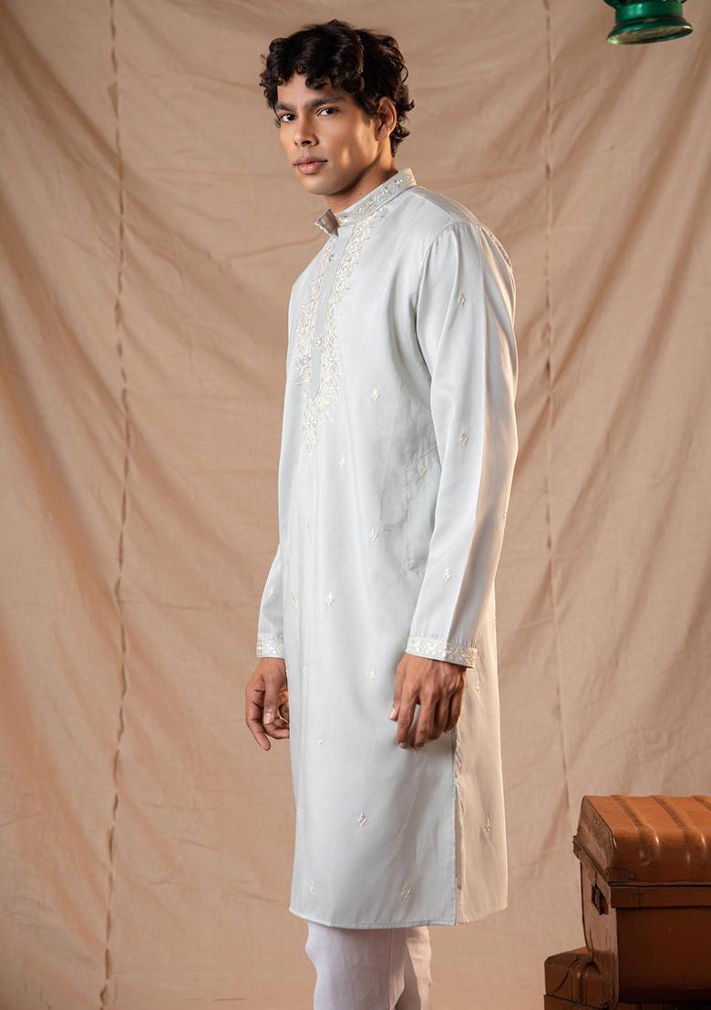Powder Blue Sequin Embroidered Silk Kurta Set For Men
