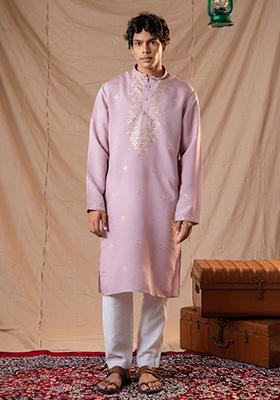 Light Purple Sequin Embroidered Silk Kurta Set For Men