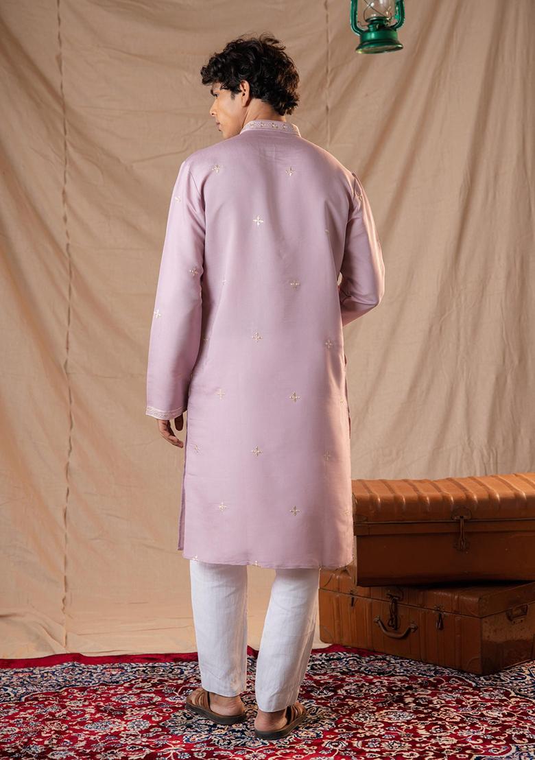 Light Purple Sequin Embroidered Silk Kurta Set For Men