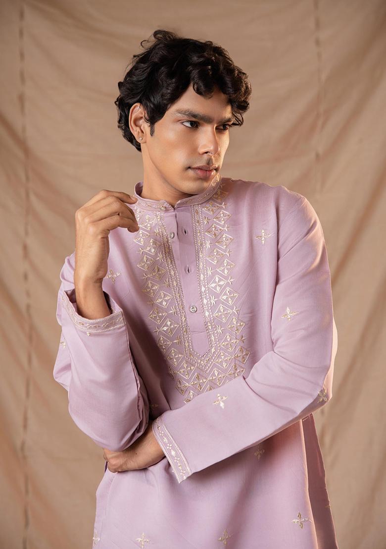 Light Purple Sequin Embroidered Silk Kurta Set For Men