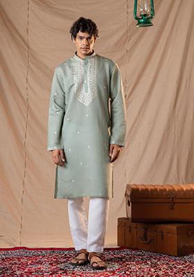 Green Sequin Embroidered Silk Kurta Set For Men