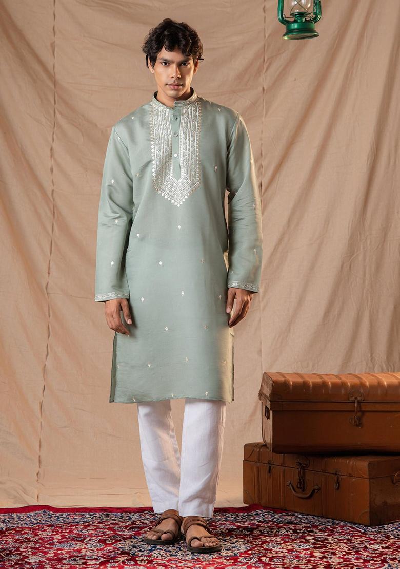 Green Sequin Embroidered Silk Kurta Set For Men