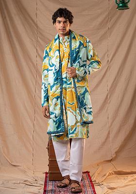 Cool Mint  Hand Embroidered Cotton Kurta Set For Men