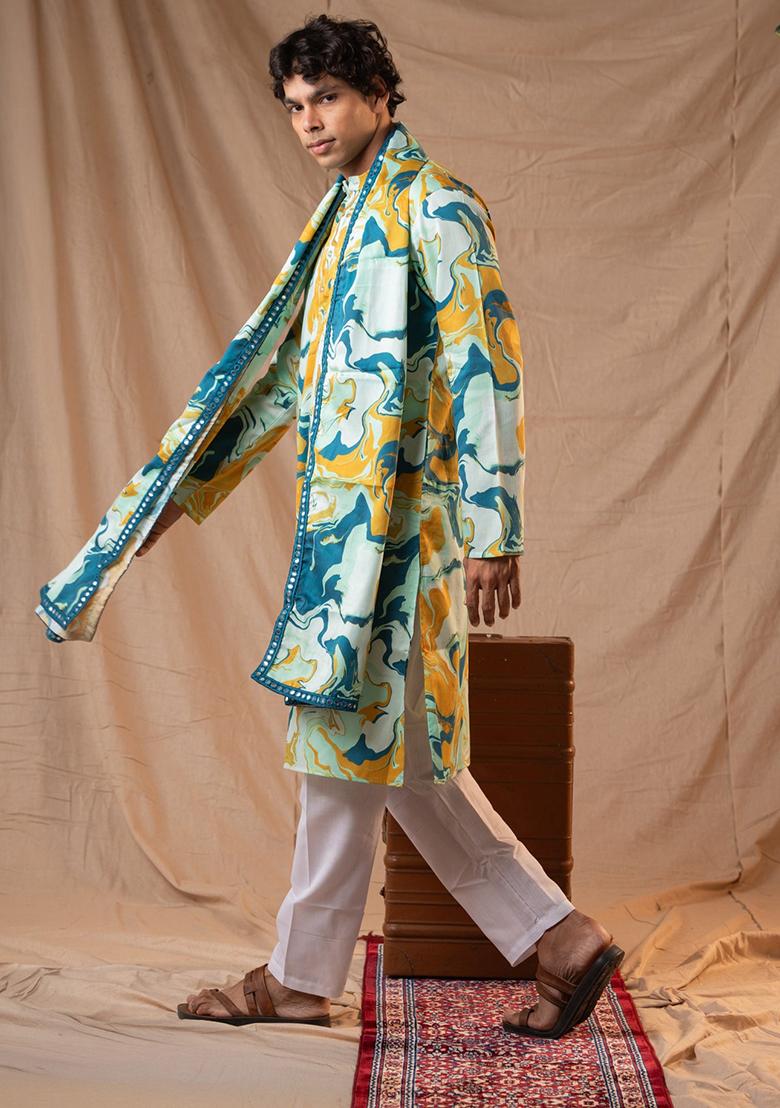 Cool Mint  Hand Embroidered Cotton Kurta Set For Men