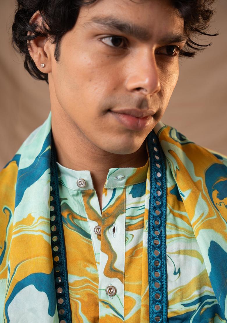 Cool Mint  Hand Embroidered Cotton Kurta Set For Men