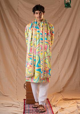 Multi Hand Embroidered Cotton Kurta Set For Men