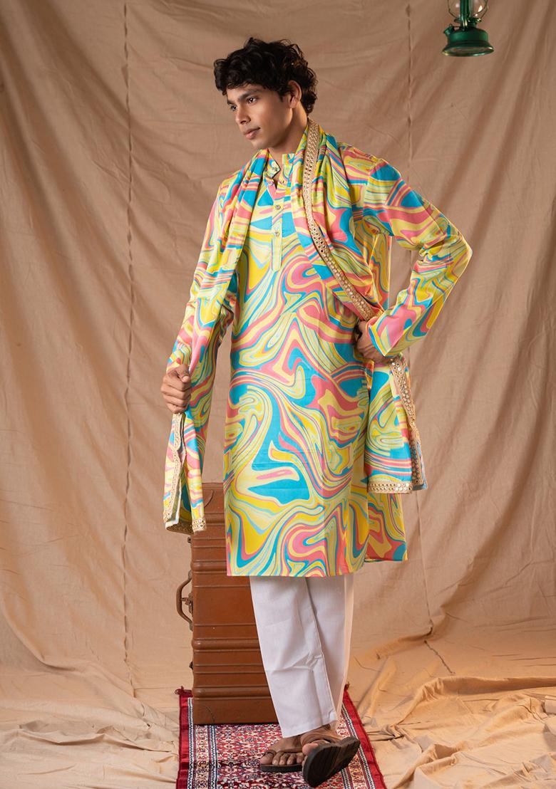 Multi Hand Embroidered Cotton Kurta Set For Men