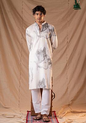 White  Hand Embroidered Cotton Kurta Set For Men