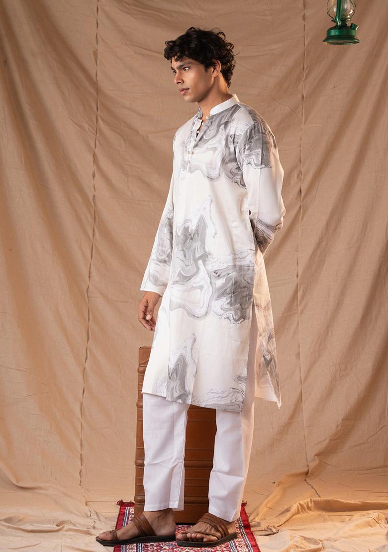 White  Hand Embroidered Cotton Kurta Set For Men
