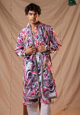 Purple And Pink Hand Embroidered Cotton Kurta Set For Men