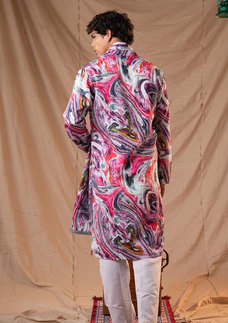 Purple And Pink Hand Embroidered Cotton Kurta Set For Men