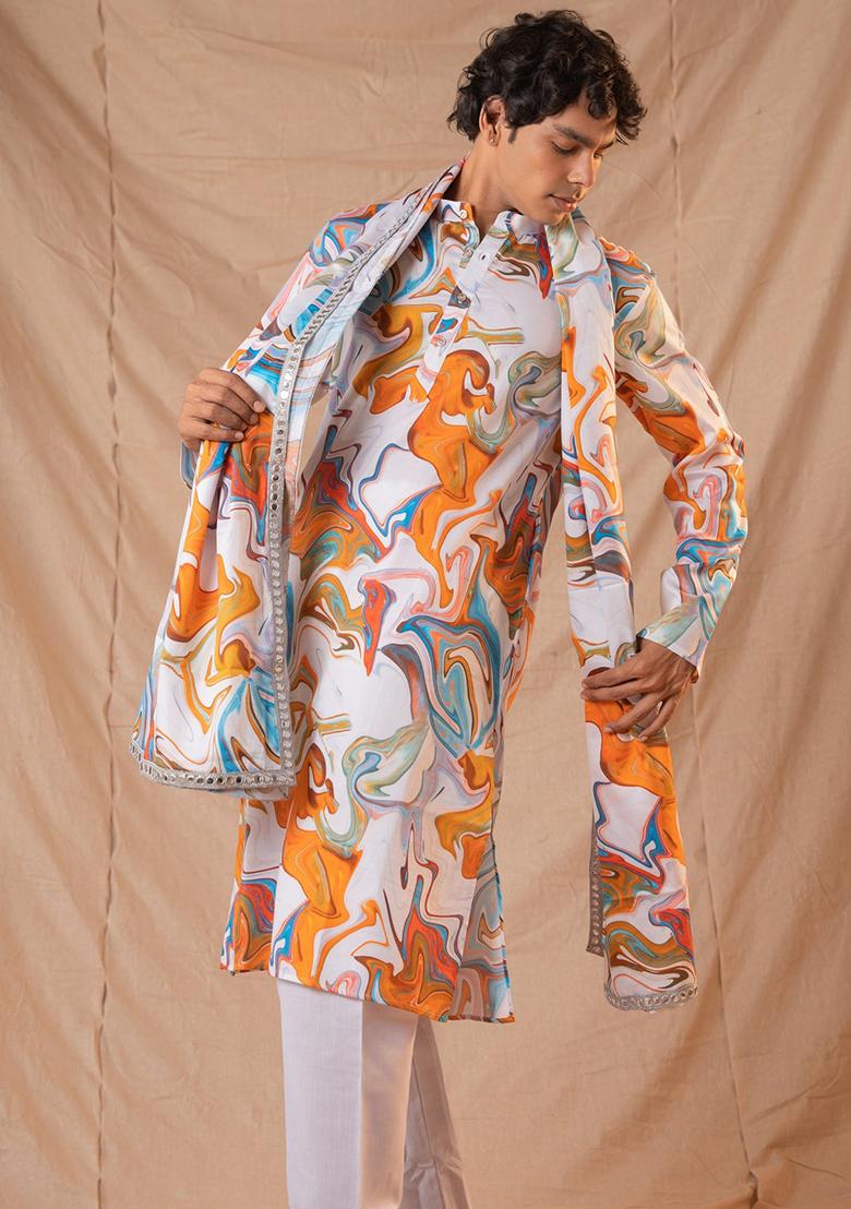 White Hand Embroidered Cotton Kurta Set For Men