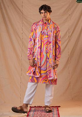 Pink  Hand Embroidered Cotton Kurta Set For Men