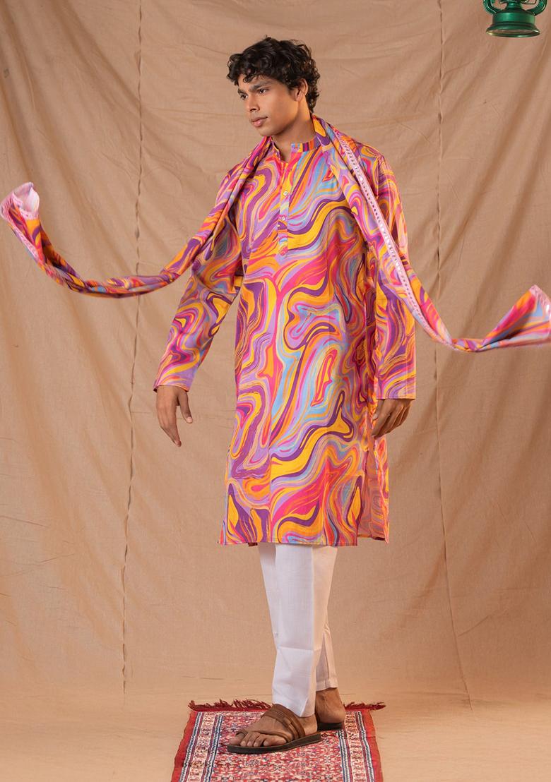 Pink  Hand Embroidered Cotton Kurta Set For Men