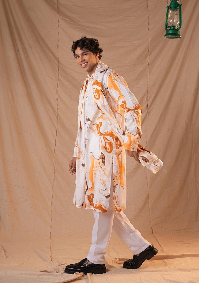 Orange Hand Embroidered Cotton Kurta Set For Men