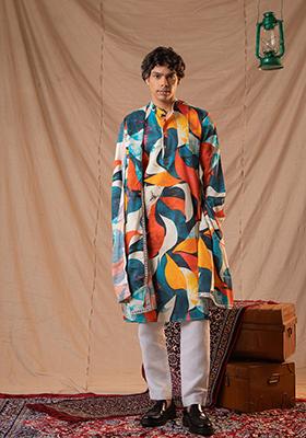 Navy Blue Hand Embroidered Silk Kurta Set For Men