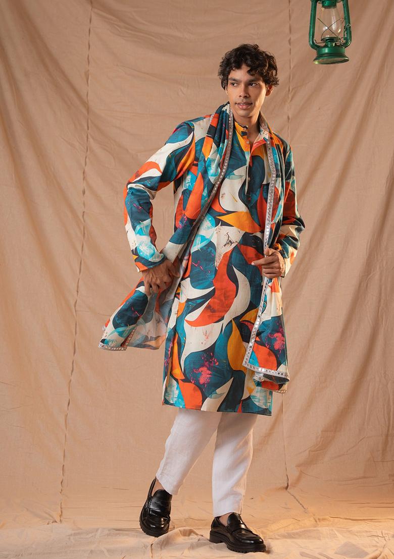 Navy Blue Hand Embroidered Silk Kurta Set For Men