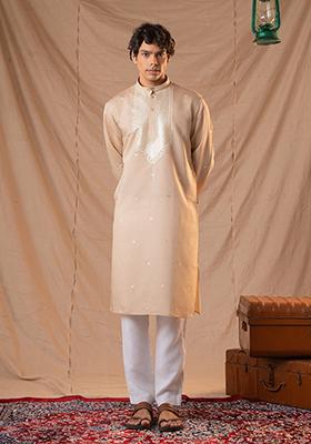Brown Sequin Embroidered Silk Kurta Set For Men