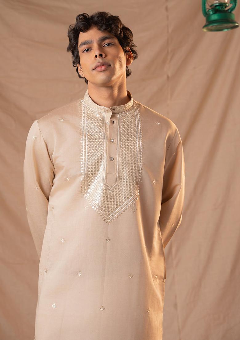 Brown Sequin Embroidered Silk Kurta Set For Men