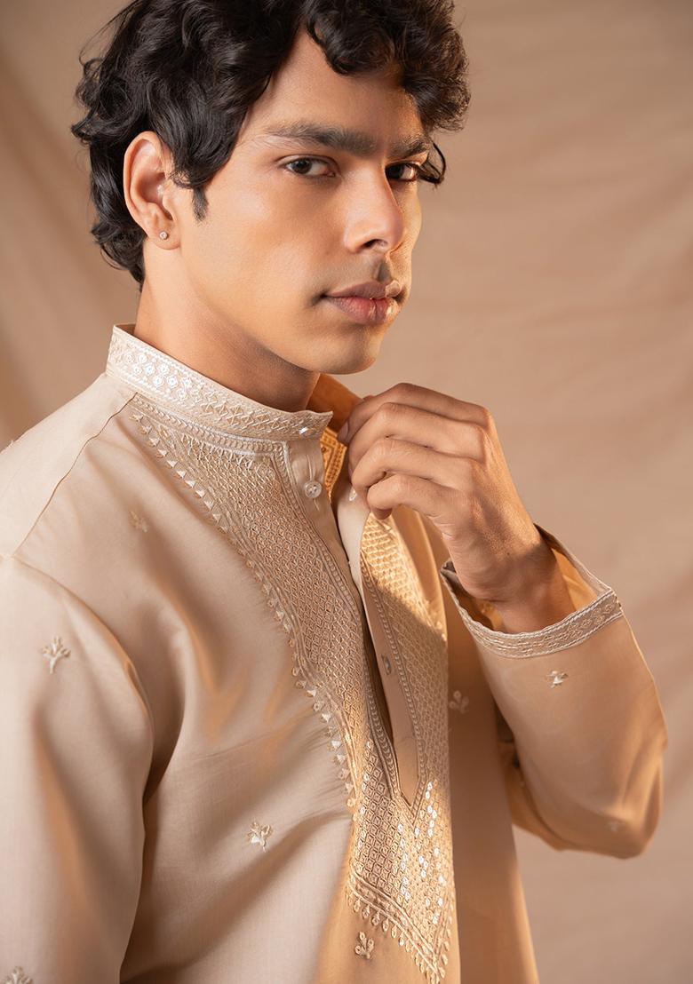 Brown Sequin Embroidered Silk Kurta Set For Men