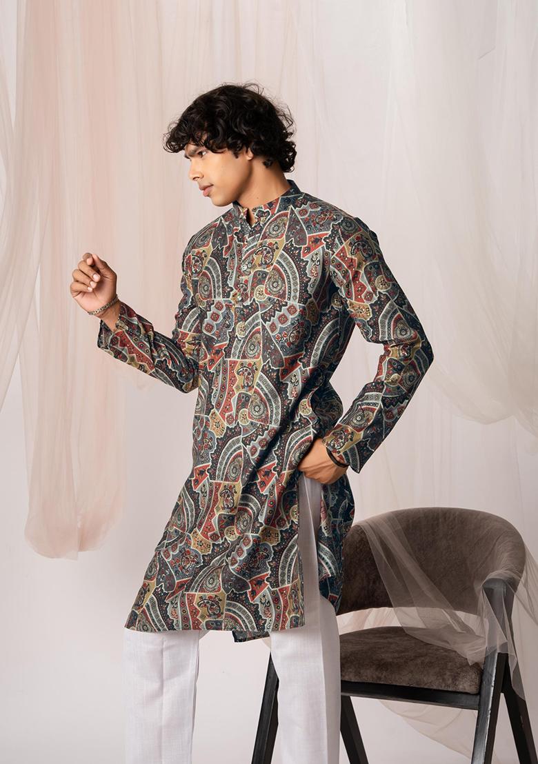Brown Hand Embroidered Viscose Kurta Set For Men
