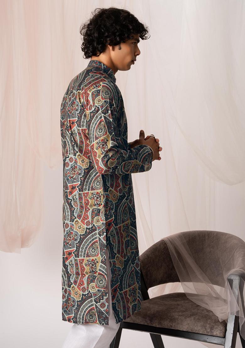 Brown Hand Embroidered Viscose Kurta Set For Men