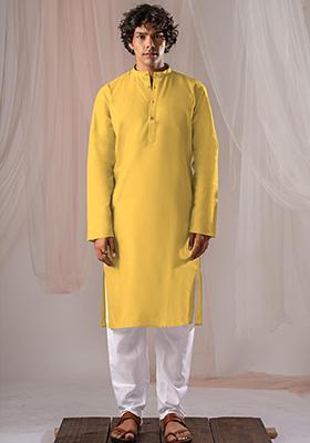 Yellow Solid Linen Kurta Set For Men
