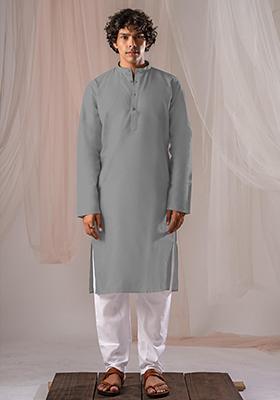 Grey Solid Linen Kurta Set For Men
