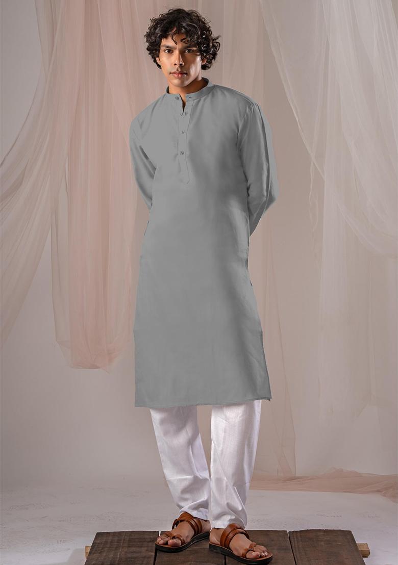 Grey Solid Linen Kurta Set For Men