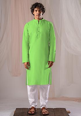 Green Solid Linen Kurta Set For Men