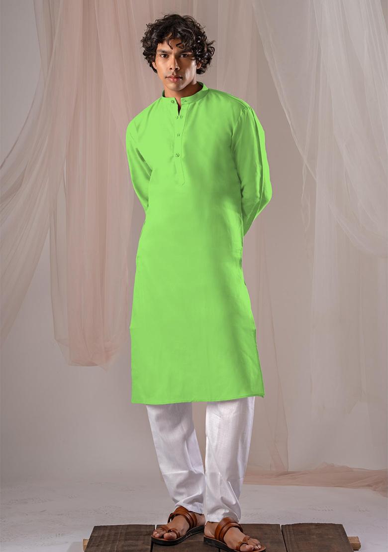 Green Solid Linen Kurta Set For Men