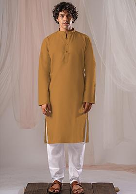 Mustard Yellow Solid Linen Kurta Set For Men