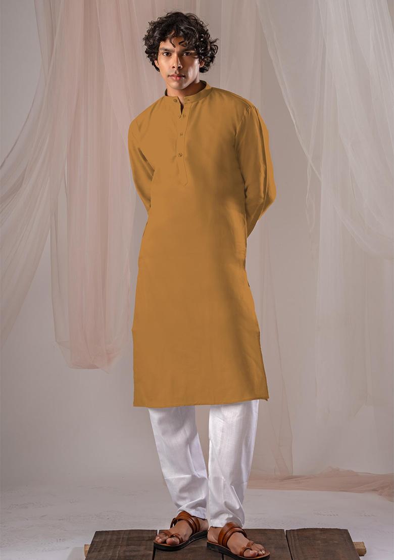 Mustard Yellow Solid Linen Kurta Set For Men