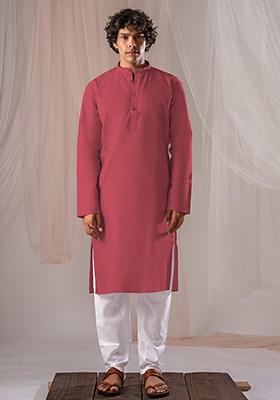 Pink Solid Linen Kurta Set For Men