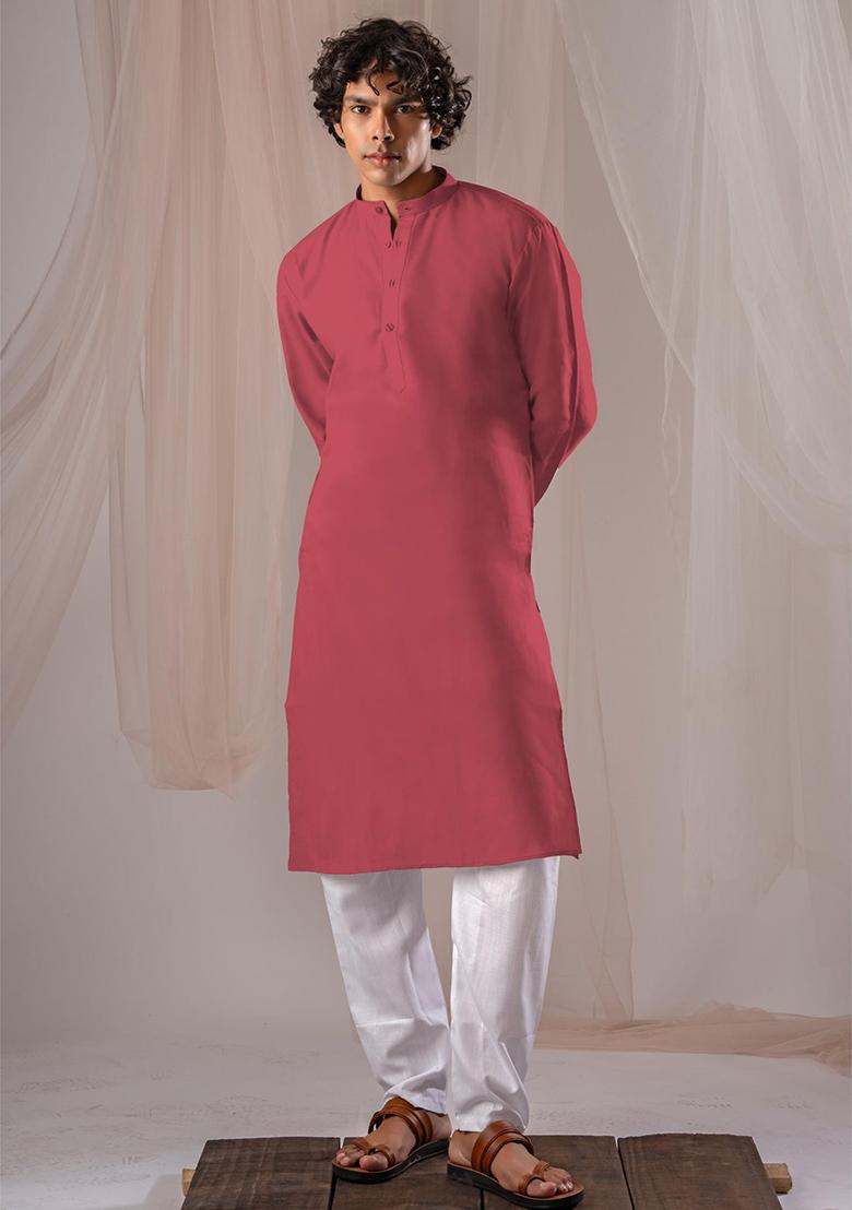 Pink Solid Linen Kurta Set For Men