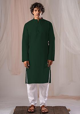 Dark Green  Solid Linen Kurta Set For Men