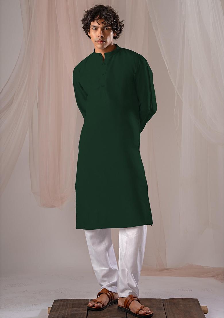 Dark Green  Solid Linen Kurta Set For Men