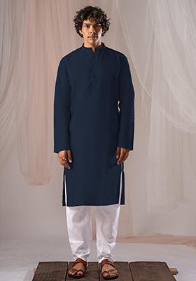 Navy Blue Solid Linen Kurta Set For Men