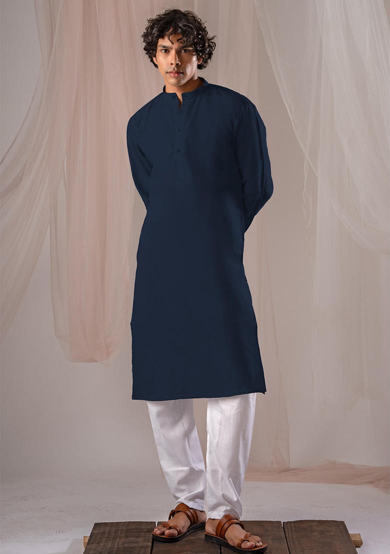 Navy Blue Solid Linen Kurta Set For Men