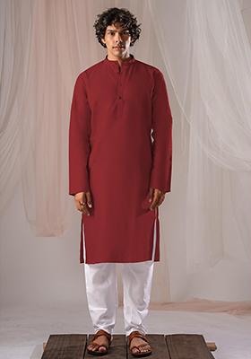 Red Solid Linen Kurta Set For Men