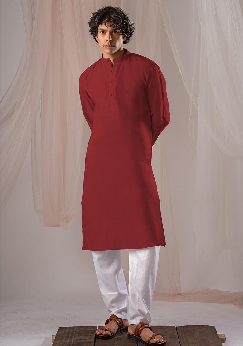 Red Solid Linen Kurta Set For Men