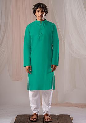 Bright Green Solid Linen Kurta Set For Men