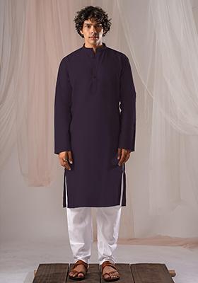 Violet Solid Linen Kurta Set For Men