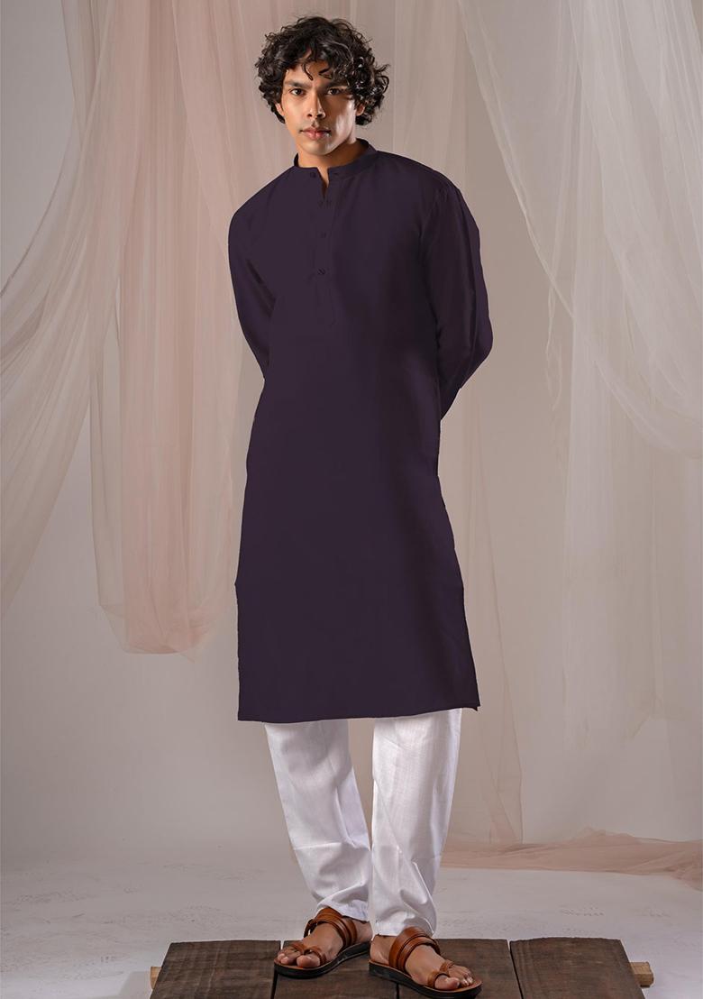 Violet Solid Linen Kurta Set For Men