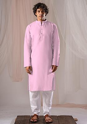 Light Pink Solid Linen Kurta Set For Men