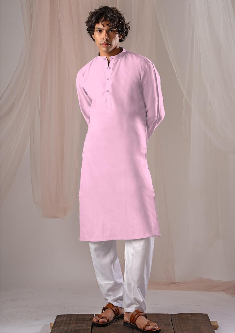 Light Pink Solid Linen Kurta Set For Men