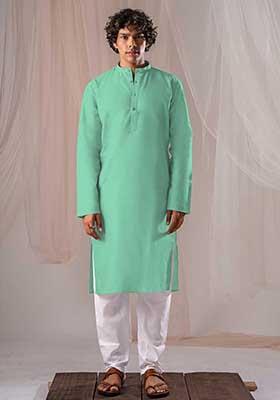 Sea Green Solid Linen Kurta Set For Men