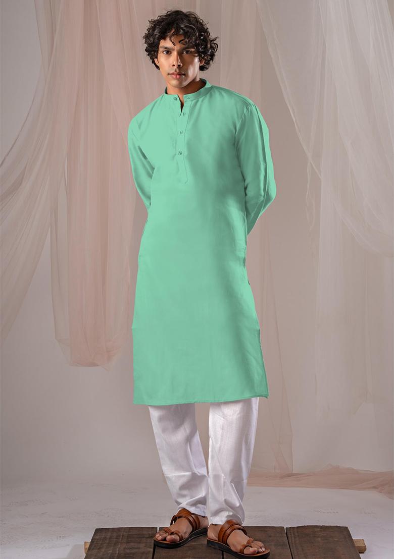 Sea Green Solid Linen Kurta Set For Men